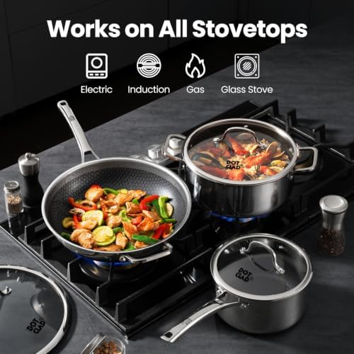 DOTCLAD Wok pan,Hybrid 12 inch Wok with Lid, PFOA Free Cookware,non stick Stainless Steel Woks & Stir-fry pans Nonstick, Dishwasher and Oven Safe, Works on Induction