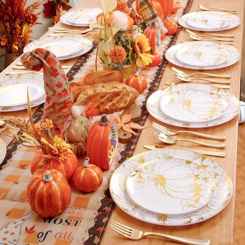 FLOWERCAT 60PCS Thanksgiving Plates & Gold Pumpkin Plates - Including 30PCS 10.25inch Thanksgiving Dinner Plates and 30PCS 7.5inch Dessert Plates for Giving Thanks Theme Party