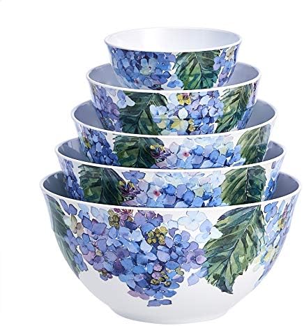 Amazon Basics Mixing Bowls with Lids, Nesting Melamine Serving Bowls, Non-Slip Base, BPA Free, Dishwasher Safe, 5 Sizes, Hydrangea Floral, Set of 10