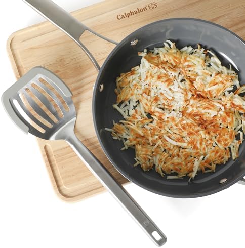 Calphalon Prime Slotted Turner, Stainless Steel Wide Slotted Spatula with Silicone Rim for Nonstick Cookware, Heat Resistant Durable Kitchen Tool for Cooking, Flipping, Draining and Serving