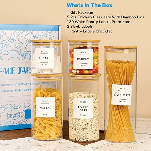 HHMJSM 5 Pcs Glass Food Storage Containers With 132 Pantry Labels Preprinted - Thicken(3mm) Jars Airtight Bamboo Lid Stackable Kitchen Canisters Set For Candy, Cookie, Rice, Sugar, Flour