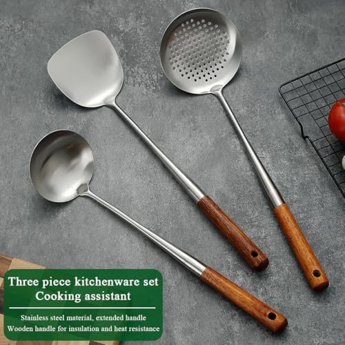 Evanda Wok Spatula Set 17", Heat Resistant Wood Handle Stainless Steel Wok Tools, Ladle, Metal Spatula, Kitchen Skimmer, Professional Kitchen Cooking Utensils Set, Wok Accessories Dishwasher Safe