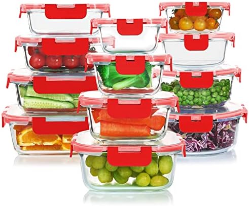 KOMUEE 24 Pieces Glass Food Storage Containers Set, Red