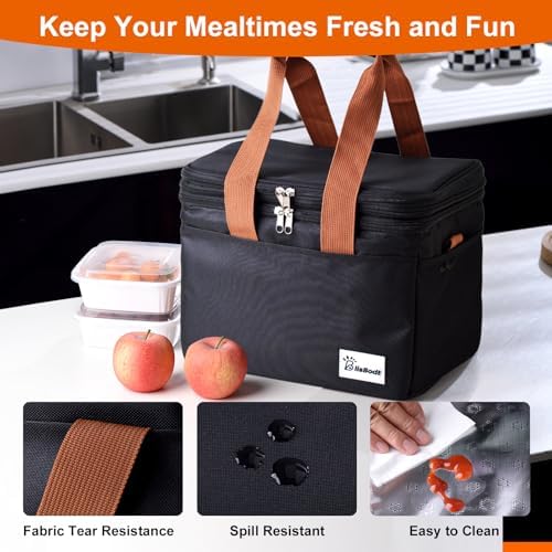 Lunch Bag Upgraded Insulated Lunch Box for Men and Women - 15-20L Expandable Double Deck, Leakproof Soft Cooler Bag with Side Tissue Pocket - Large Adult Lunch Tote for Work, Picnic, Beach (Black)