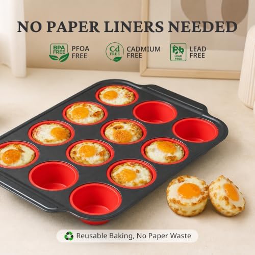 BRONYPRO Silicone Muffin Pans for Baking with Metal Frame, Egg Bite Molds, Cupcake Pans 12 Regular Size, Muffin Tins Easy to Pop Nonstick Non Toxic Bakeware for Oven, Red