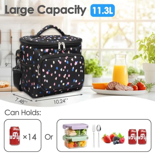 FlowFly Insulated Reusable Lunch Bag Adult Large Lunch Box for Women and Men with Adjustable Shoulder Strap,Front Zipper Pocket and Dual Large Mesh Side Pockets,BlackFlower
