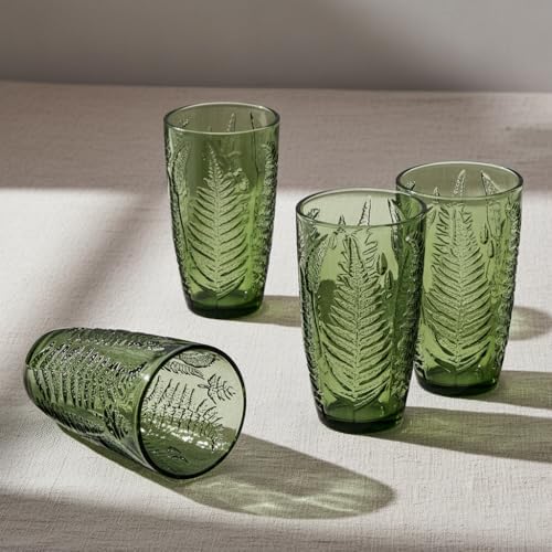 Green Drinking Glasses Set of 4, 16 oz Glass Cups, Vintage Fern Glassware
