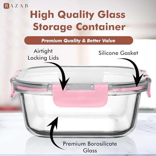 Razab 2 PC 1200ML / 41 Oz Glass Food Storage Containers with Lids - Airtight & Leakproof - Microwave/Oven/Freezer Safe - BPA Free - Ideal for Meal Prep, Storing Leftover & Lunch