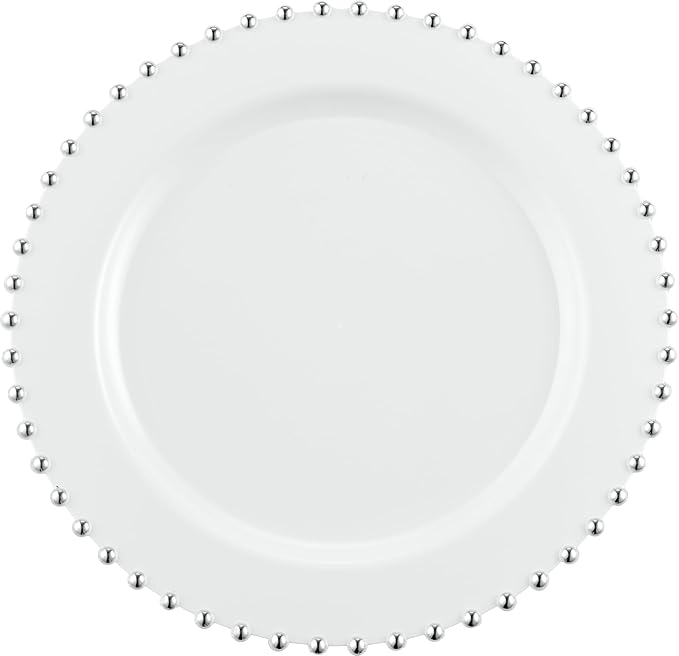 PLASTICPRO 32 Piece Combo Plastic Dinner Plates Disposable Plastic Fancy Heavy Duty Party Dishes 7 inch and 10 inch, White and Silver Beaded