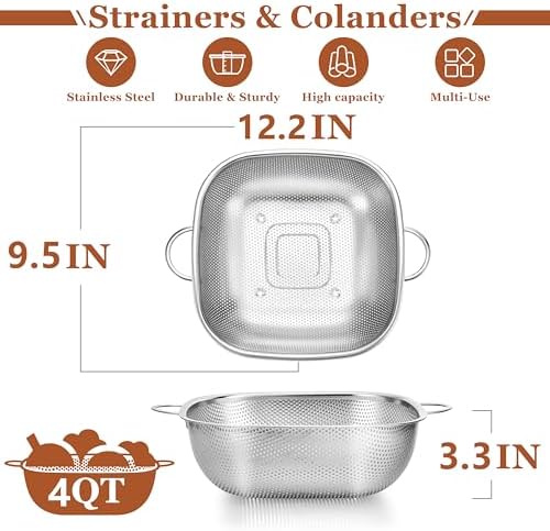 E-far 4QT Square Stainless Steel Colander, Metal Strainer with Handle