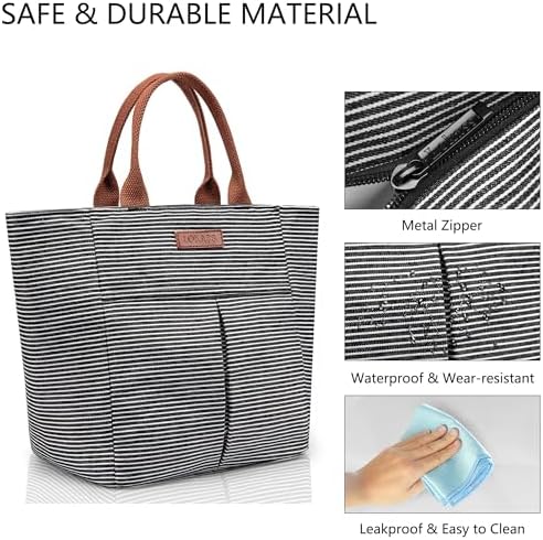 LOKASS Lunch Bag Women Insulated Lunch Box, Wide-Open Lunch Tote Bag Leak-proof Cooler Bag for Work Picnic- (Stripe)