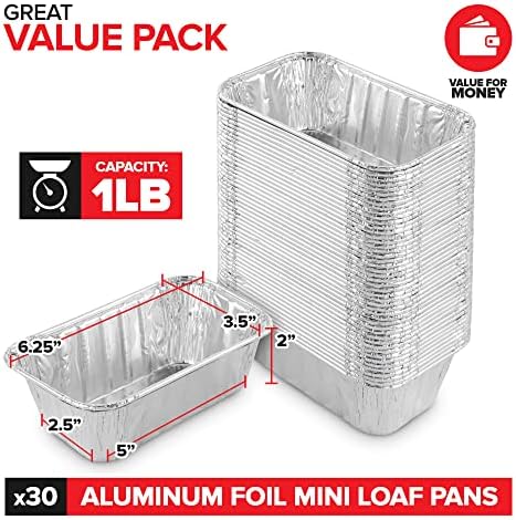Stock Your Home 1 Lb Aluminum Foil Mini Loaf Pans (30 Pack) Disposable Small Loaf Pan – 1 Pound Baking Tin Liners, Perfect to Bake Cakes, Bread Loaves, and Meat - 6 x 3.5 x 2