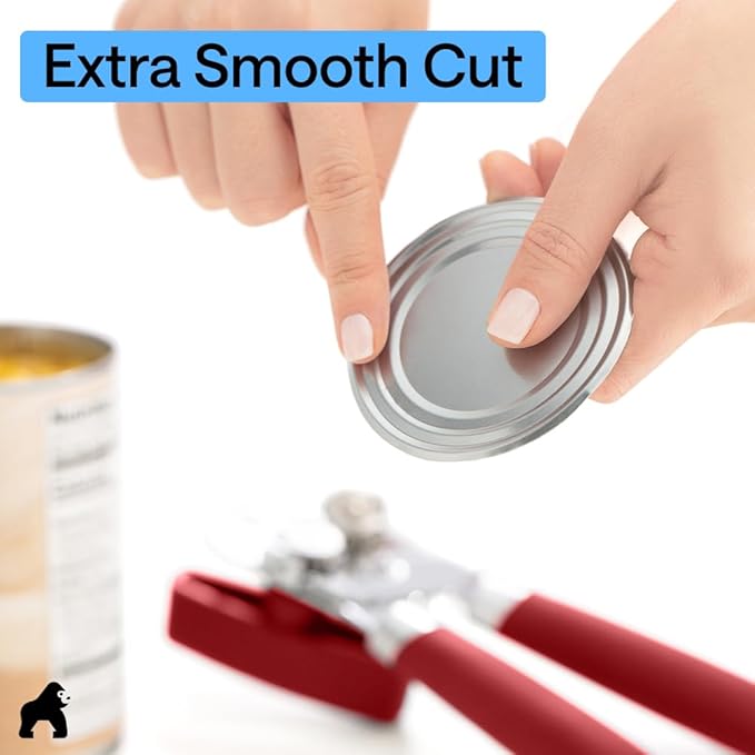 GORILLA GRIP Heavy Duty Stainless Steel Smooth Edge Manual Can Opener and Bottle Openers, Soft Comfortable Handle, Oversized Handheld Turn Knob, US Designed Multifunctional Kitchen Tool, Red