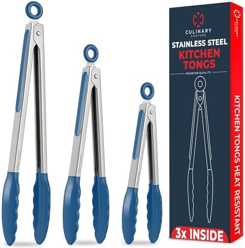 Kitchen Tongs - 12, 9 & 7 Inch Locking Silicone Tongs for Cooking, Set of 3