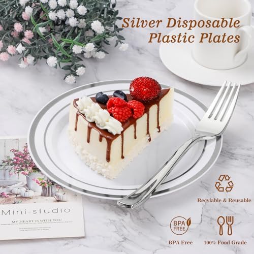 BESTVIP 100Pcs Silver Plastic Plates, 10.25 Inch Disposable Party Plates