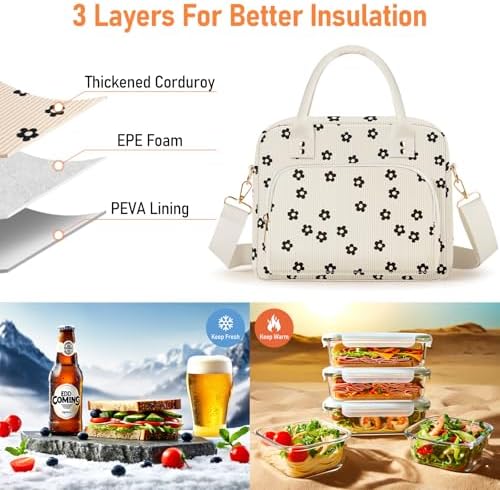 Lunch Bag Large Insulated Lunch Box for Women Men Adult Cute Black Floral Lunchbox Corduroy Lunch Bags Boxes Pail with Shoulder Strap for Work Mom Picnic Office Travel 11.4×6.8×9.1 inches 11.5L