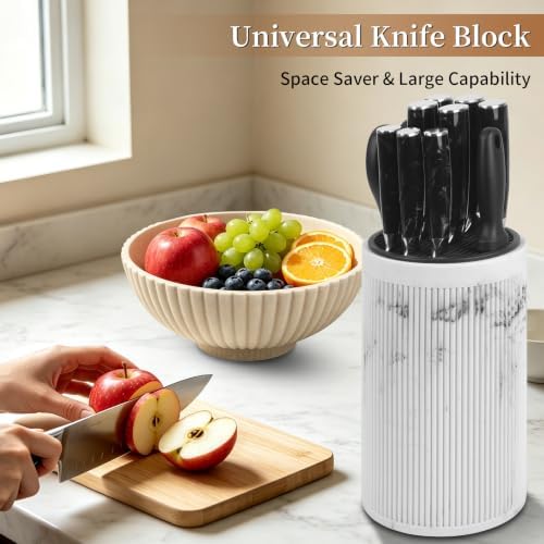 Universal Knife Block Without Knives,Sandstone Look,Round Knife Holder with Slots for Scissors & Sharpening Rod,Safe Space Saver Knives Storage Stand,Detachable Knife Organizer- Marble White