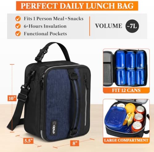 opux Insulated Lunch Bag for Men Women Kids, Soft Lunch Box, Navy Blue