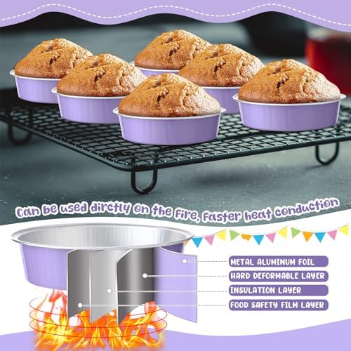 Yinder 8 oz Disposable Creme Brulee Ramekins with Lids, 4 Inch Mini Pie Tins Aluminum Foil Pie Tart Cake Baking Pans Individual Round Containers Oven Safe(Taro Purple,120 Pcs)