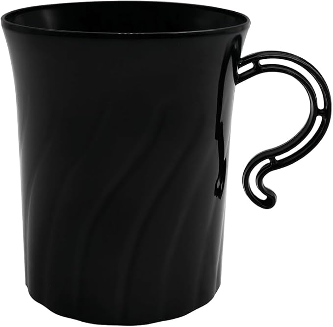 Party Essentials Disposable Plastic 8 oz. Swirled Cups With Handle for Coffee/Tea/Dessert/Fruit/Punch Drinks, Black, 20 Count