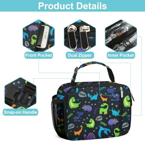 esouler Lunch Box Kids Insulated Lunch Bag for Boys & Girls Durable Children Lunchbox for School with Water Bottle Holder-Purple Dinosaur