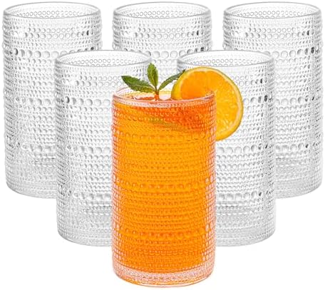 Large Vintage Hobnail Drinking Glasses Set of 6, 16oz Clear Highball Glasses Cups, Kitchen Water Glasses Cup, for Cocktail, Juice, Whiskey, Milk and Various Mixed Drinks