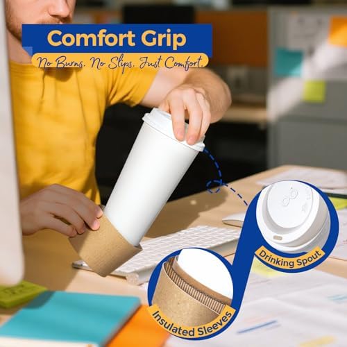 Fit Meal Prep 250 Pack 24 oz Disposable Coffee Cups with Lids, Sleeves, Leak-Proof To Go Coffee Cups with Lids, Durable Hot Paper Cups for Home, Office, Party, Business