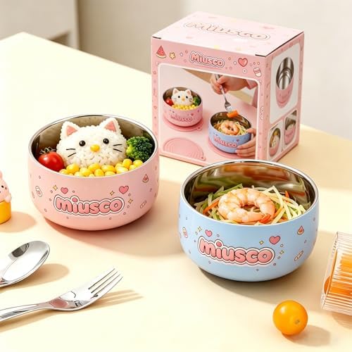 316 Stainless Steel Bowls for Kids 5 Inch - 33oz Toddler Bowls 2-Pack with Cute Animal Print, Non Toxic Dishwasher Safe Baby Bowls for Soup Dessert, BPA Free Unbreakable, Birthday Gift - Pink & Blue
