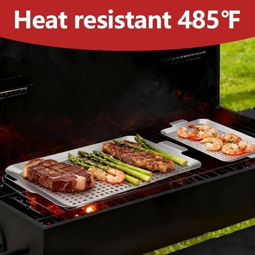 Grill Pan Set of 4, Grill Topper for Outdoor Grill, Stainless Steel Roasting Basket with Handles, Perforated Grill Tray for Smoker Roasting, Oven, BBQ Accessories (4 Small)