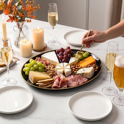 WDF 6PACK Black Oval Plastic Plates - 10"x12" Black and Gold Disposable Platters - Heavy Duty Serving Trays for Party/Birthdays/Catering/Weddings/BBQ