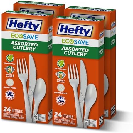 Hefty ECOSAVE Compostable Assorted Cutlery Set, 4 Pack, Utensils for BBQs, Tailgates, Camping, and Parties, Includes 8 Forks, 8 Spoons, and 8 Knives per pack, Compostable, Sustainable Design
