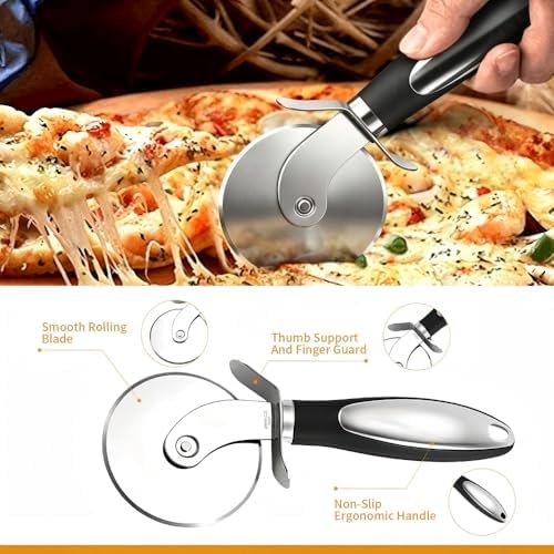 2-Piece Pizza Cutter Set. Stainless steel pizza wheel with non-slip handle. 8-inch multi-purpose design suitable for pizza, cake, pastries and more. Dishwasher-safe and easy to clean