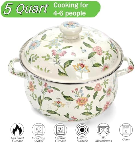 Jucoan 5 Quart Enamel Stockpot with Lid, Green Floral Enamelware Cooking Pot with Dual Handles for Stovetop, Large Soup Pot Potpourri Simmer Pot Gift for Housewarming Bridal Shower Mother's Day