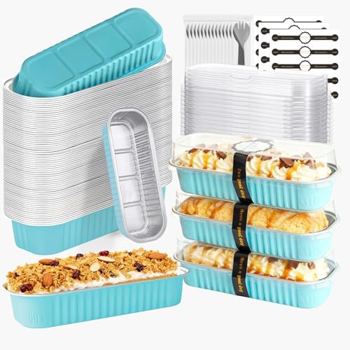Mini Cake Pans with Lids and Spoons 200 Pack, Mini Loaf Pans with lids 6.8oz, Small Disposable Aluminum Foil Loaf Pans, Rectangular Baking Container for Party, Picnics and Housewarming (Blue)