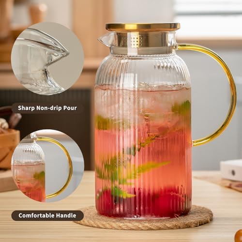 Buaic Glass Pitcher with Lid, 68 oz/ 2L Clear Glass Water Pitcher