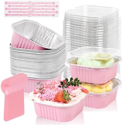 100 Pcs Mini Cake Pans with Lids, 10oz Square Aluminum Foil Brownie Baking Cups, Dessert Cupcake Cups with lids, Disposable Loaf Pans Cupcake for Wedding Birthday Party (Pink)