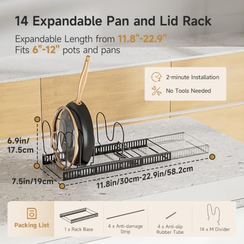 MUDEELA Pot Lid Organizer for Cabinet, Expandable Baking Pan Rack 14 Slots