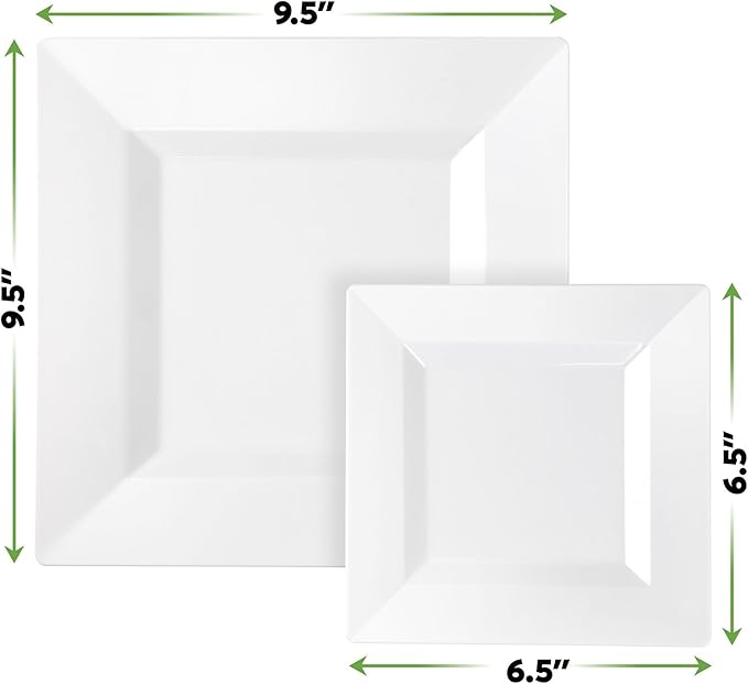 SETUP [Case of 300] Combo White Square Plastic Plates - Premium Heavy-Duty 150 Disposable 9.5" Dinner Party Plates and 150 Disposable 6.5" Salad Plates