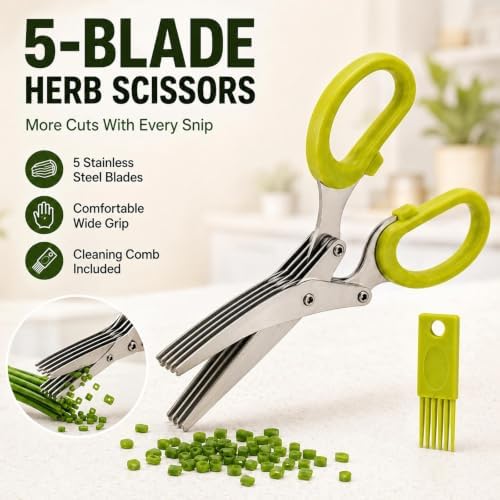5 Blade Kitchen Herb Scissors, Vegetable Shears with Cleaning Comb