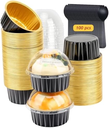 LNYZQUS 5oz Cupcake Pans with Dome Lids 100 Pack, Foil Dot Cake Cups