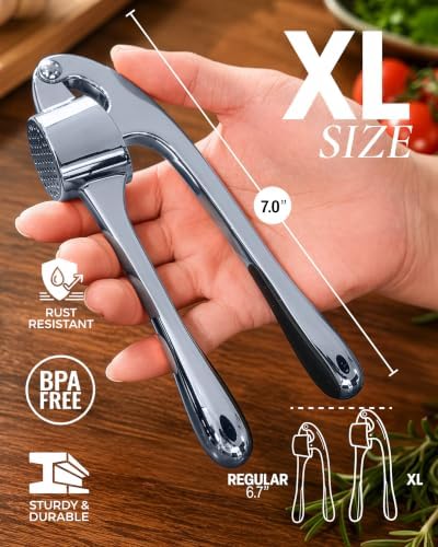 Zulay Kitchen Large Premium Garlic Press Set - Bigger Bowl for Bigger Garlic - Rust Proof Garlic Mincer Tool - Easy-Squeeze, Easy-Clean Silicone Garlic Peeler & Brush (Slate)