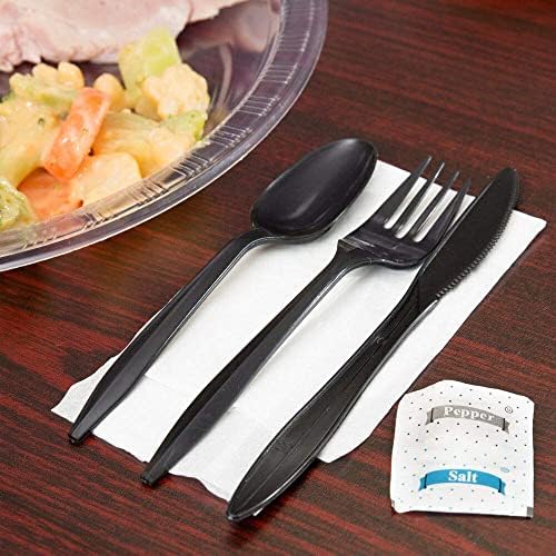 450 Plastic Cutlery Packets - Knife Fork Spoon Napkin Salt Pepper Sets | Black Plastic Silverware Sets Individually Wrapped Cutlery Kits, Bulk Utensil Cutlery Set Disposable To Go Silverware