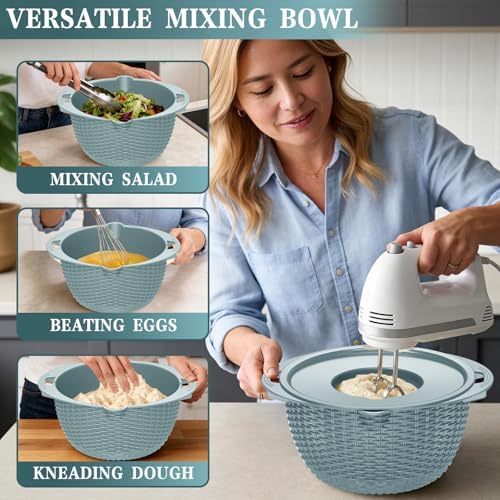 4-1 Colander with Bowl Set - Strainers for Kitchen(Patented), Food Strainers and Colanders, Pasta Strainer with New Upgraded Graters for Fruit, Veggie Washing, Aesthetic Cooking Present - Blue