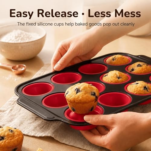 2 Pack Silicone Muffin Pans for Baking, 12-Cup Muffin Tin with Metal Frame