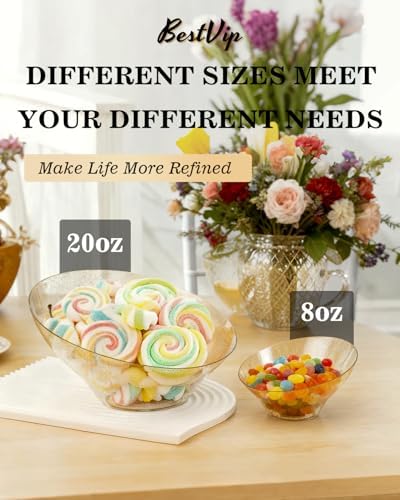BESTVIP 20 Oz Clear with Gold Glitter Plastic Angled Serving Bowls, 12 Pack