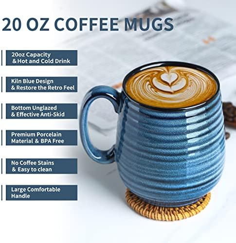 HASENSE Large Coffee Mugs Set of 2, Porcelain 20 oz Coffee Cups for Office and Home, Modern Coffee Mug with Big Handle for Latte Coffee Tea Soup as Friend Gifts, Dishwasher and Microwave Safe, (Blue)