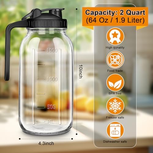 64oz Mason Jar Pitcher, Airtight & Leakproof Glass Pitcher with Lid