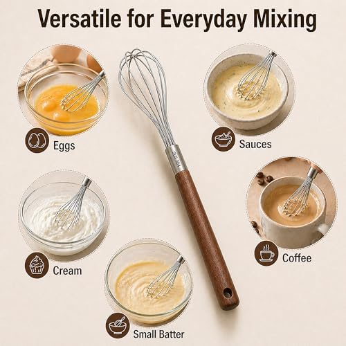 Mini Whisk 10 Inch, 304 Stainless Steel Small Wire Whisk with Walnut Wood Handle, Hand Egg Beater for Cooking, Baking, Mixing Eggs, Coffee, Sauces, Dressing and Gravy, 1 Count