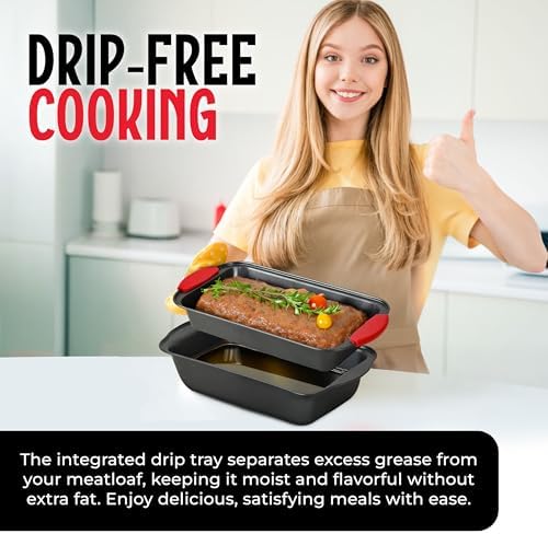 PERLLI Nonstick Meatloaf Pan with Drip Tray Insert – High-Carbon Steel Bakeware with Silicone Grips – Ideal for Baking Bread, Cake, and Roasting Meat in the Oven - 2-Piece Set