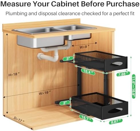 Under Sink Organizer, 2 Tier Pull out Cabinet Organizer Baskets with Mesh Sliding Drawers, Slide out Storage Shelf for Home, Kitchen, Bathroom, Pantry, Office Cabinet, Countertop(1 Pack)